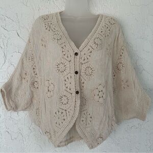 Crochet Cardigan Women‎ One Size Cream Button Front Layer Cream Boho Cottage
